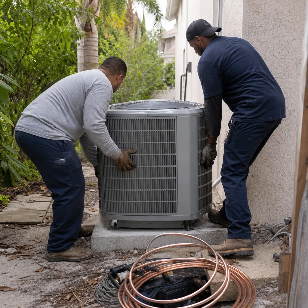 Two professional HVAC technicians performing a residential air conditioning system installation.