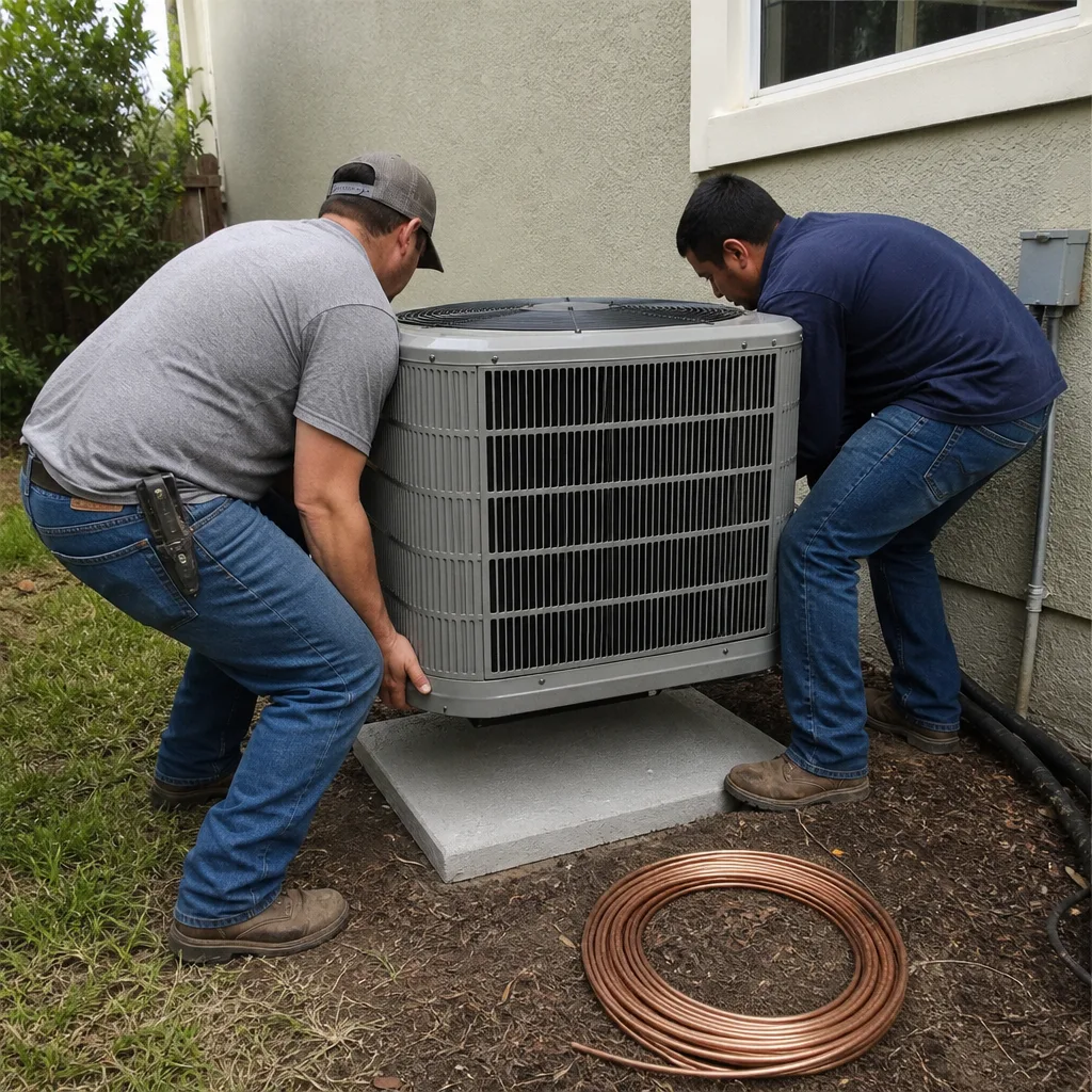 Two technicians performing professional residential air conditioning unit installation