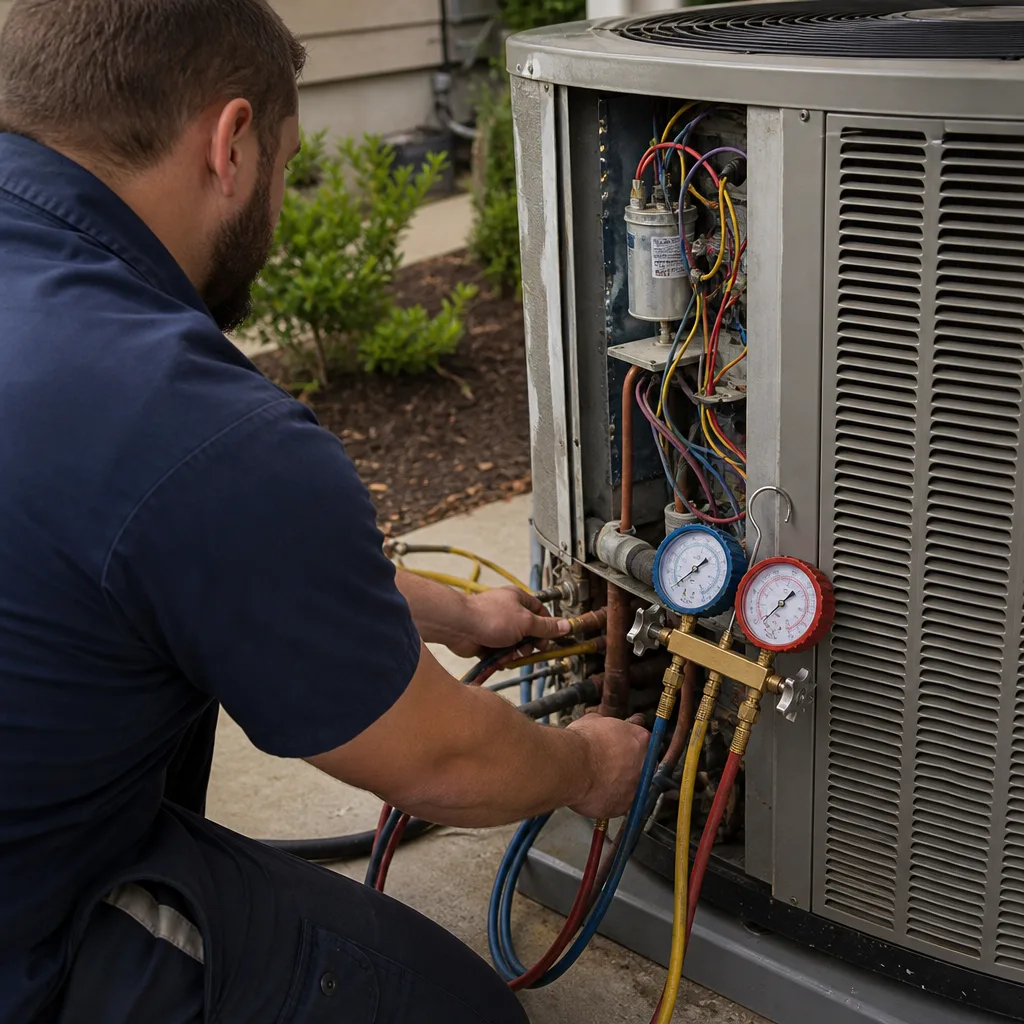 HVAC technician performing professional air conditioning installation and system maintenance