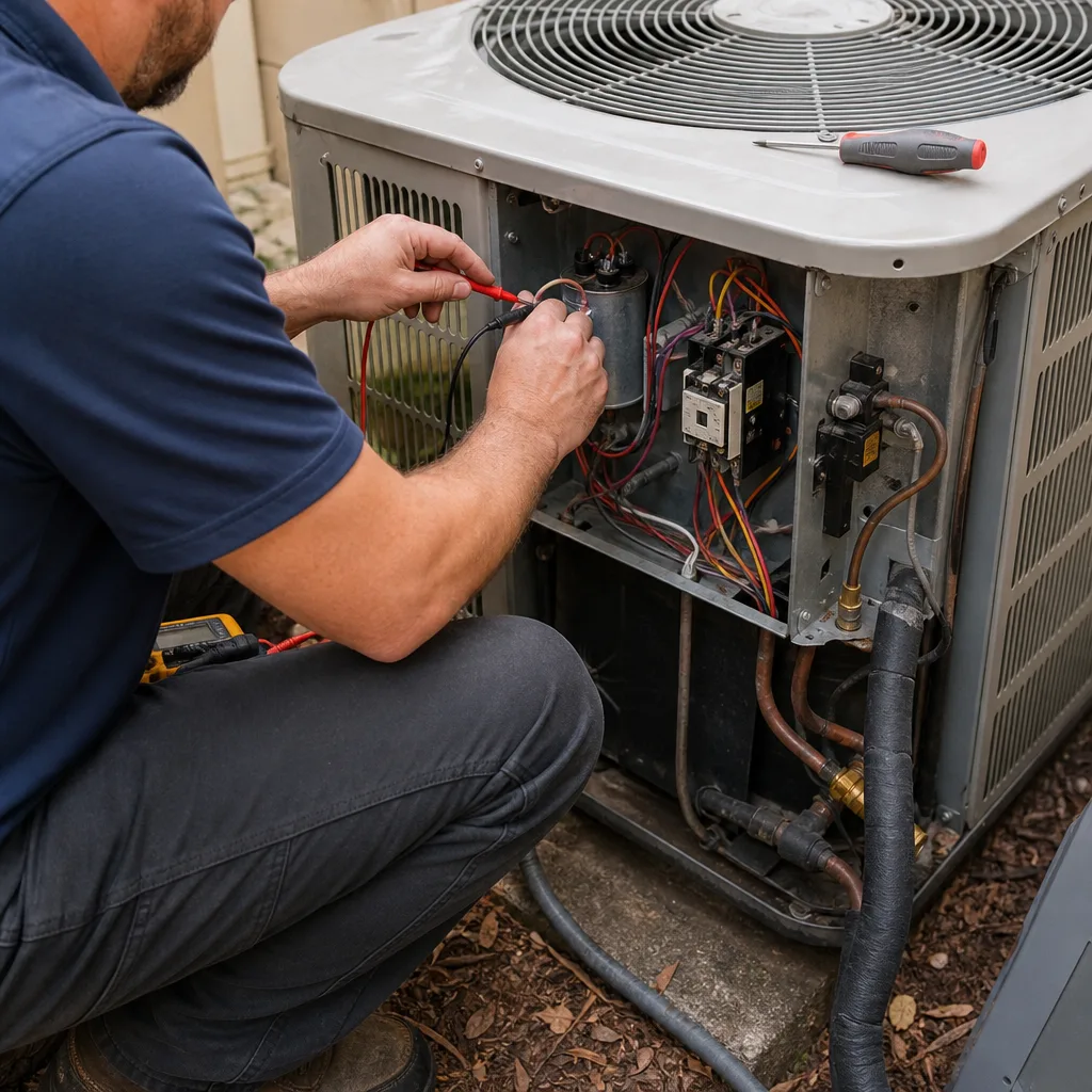 HVAC technician performing electrical diagnostics and repair on an air conditioner
