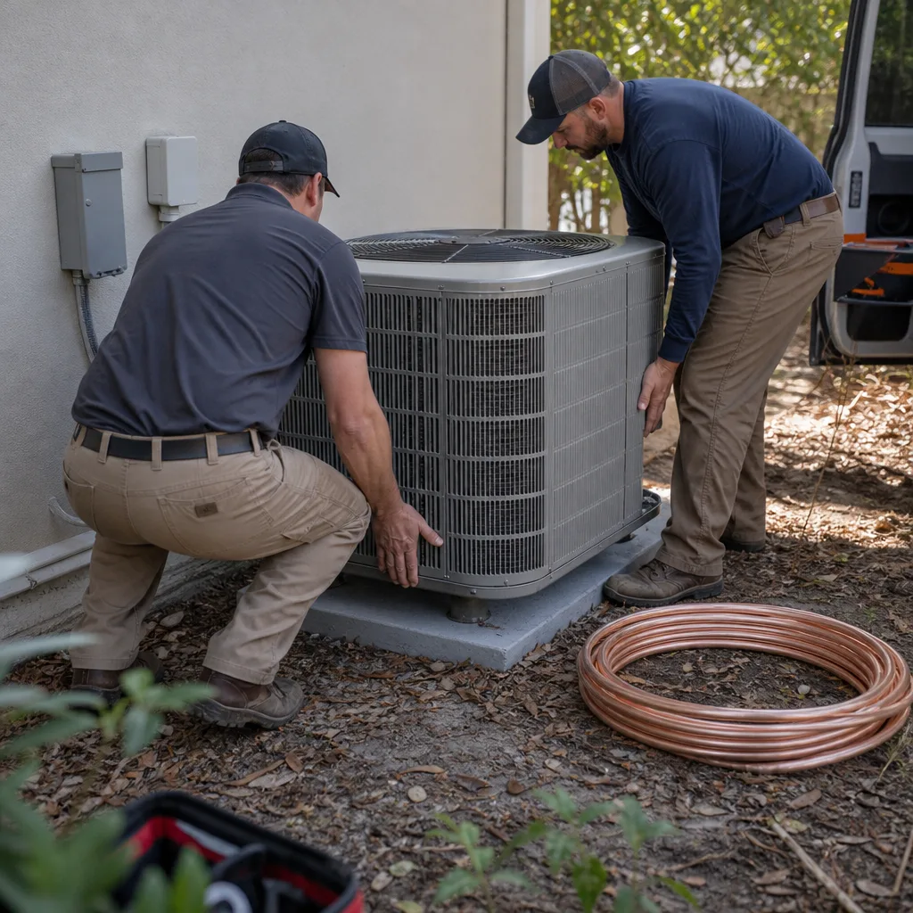 Two HVAC technicians installing an outdoor air conditioning unit.