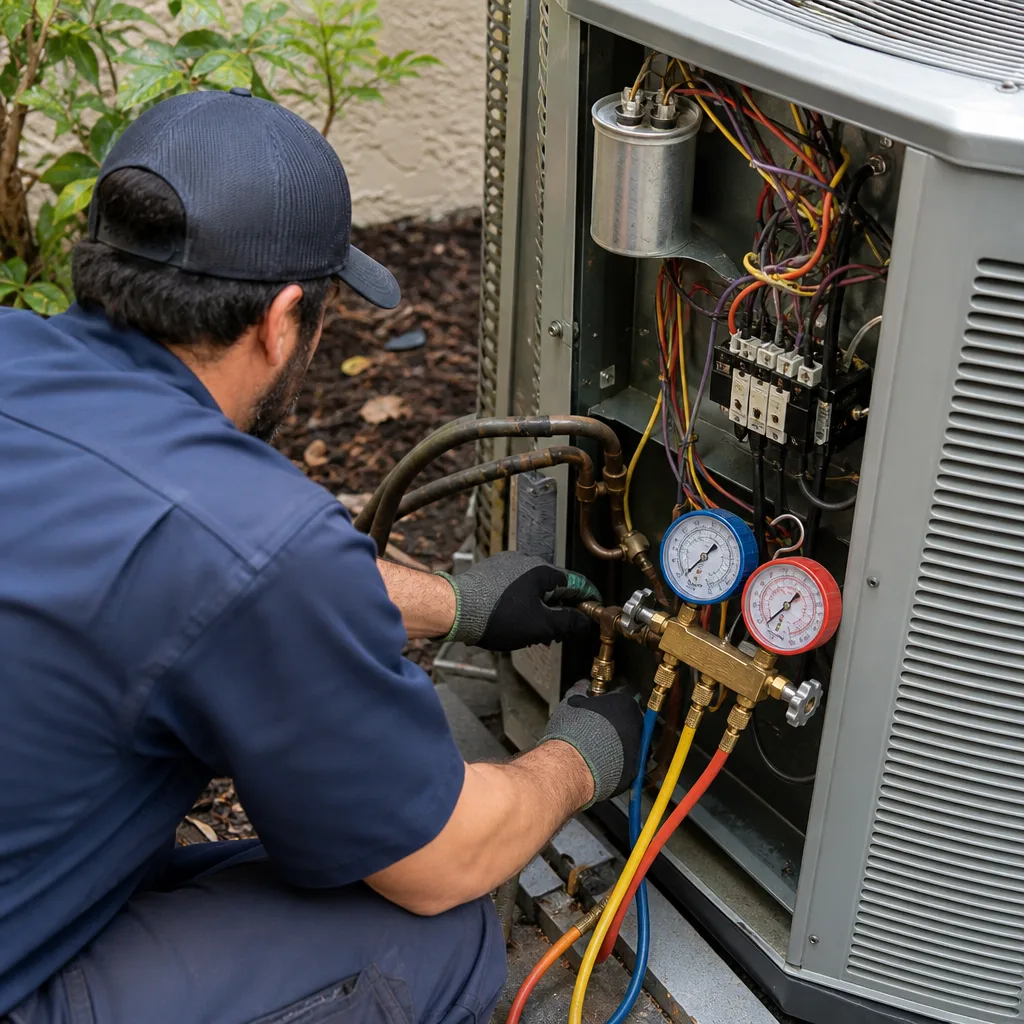 HVAC technician performing professional AC repair on an outdoor condenser unit