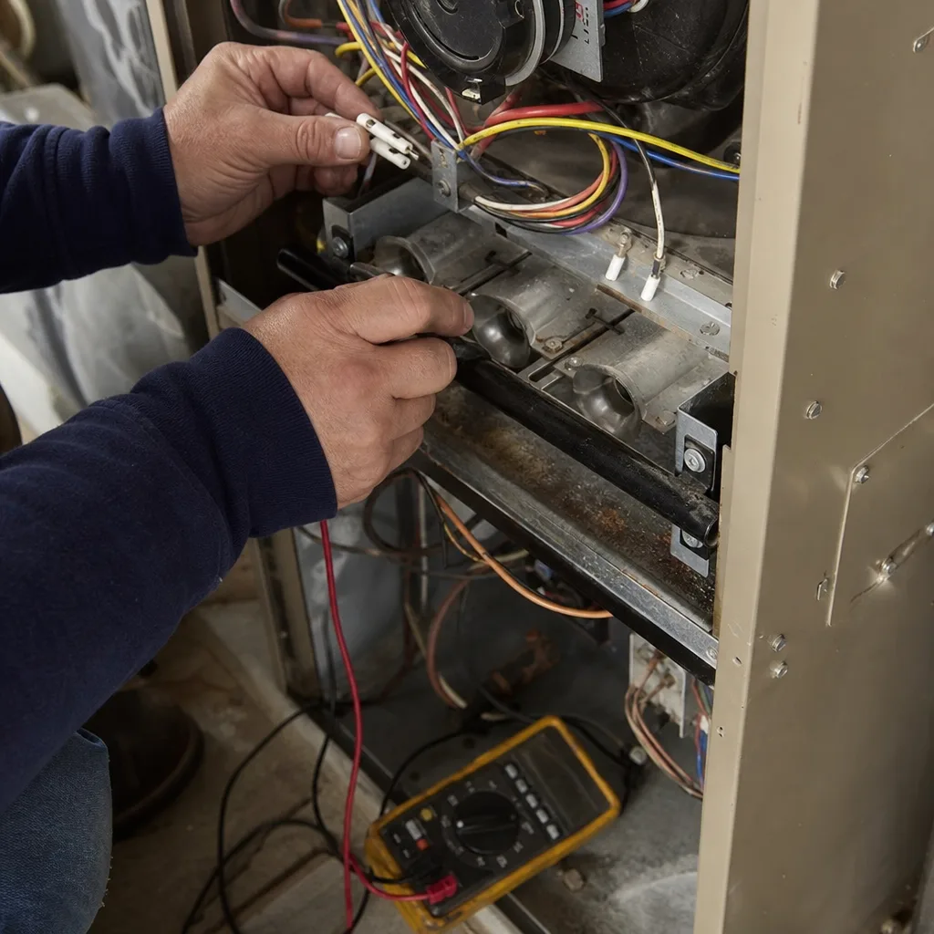 HVAC technician performing furnace repair and electrical testing on a heating system