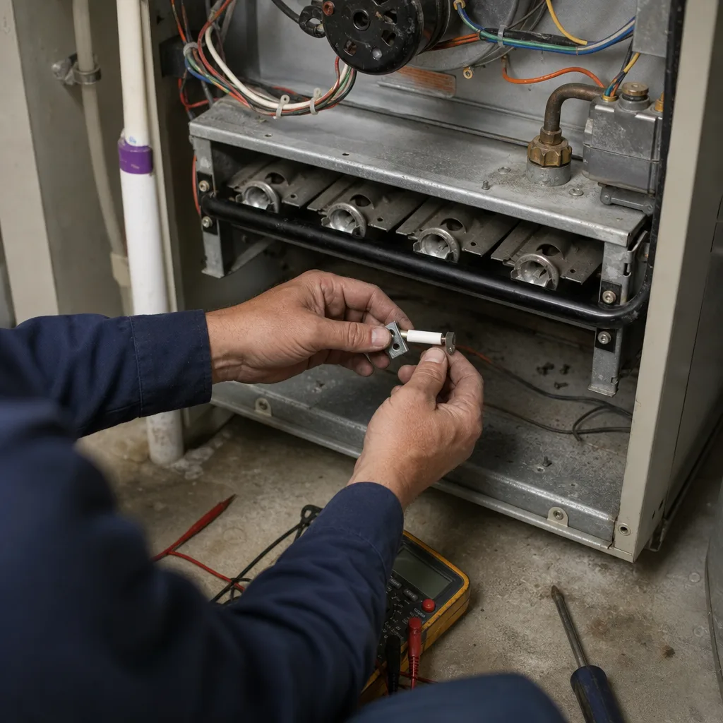 HVAC technician performing a professional furnace repair service.