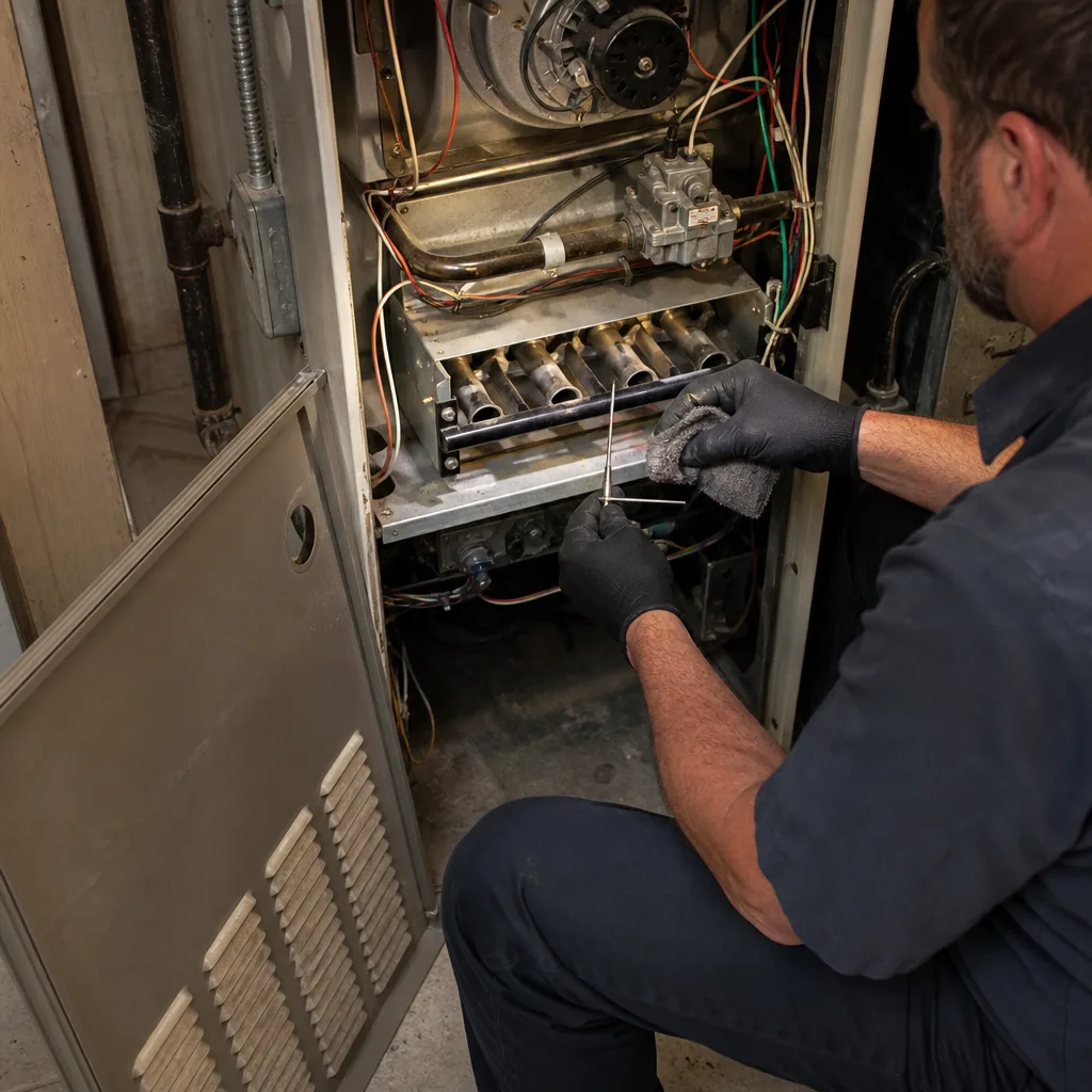 HVAC technician performing professional furnace repair and maintenance